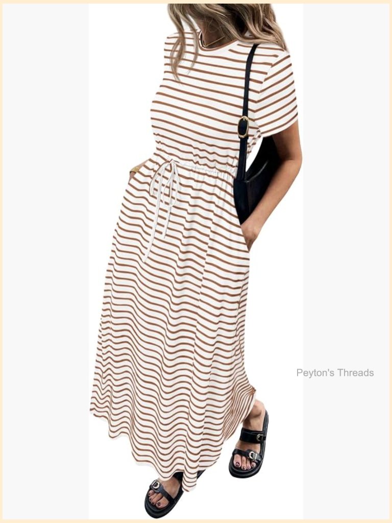 Women's Striped Drawstring Waist Maxi Dress Short Sleeve Casual Beach Dress